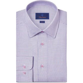 David Donahue Trim Fit Microcheck Cotton Twill Dress Shirt in White/Pink at Nordstrom, Size 15.5 - 32