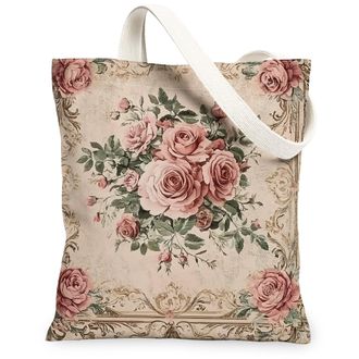 Generic Spring Aesthetic Rose Canvas Tote Bag for Shopping 13x15, Vintage Retro Floral Reusable Grocery Print Pattern Bag for Women Men, Abstract Flower Aesth