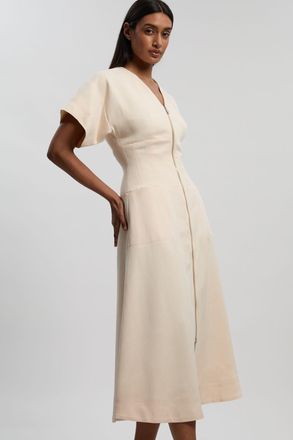 Karen Millen Womens Tencel Blend Tailored V Neck Zip Detail Maxi Dress - Cream Lyocell - Size 12 UK