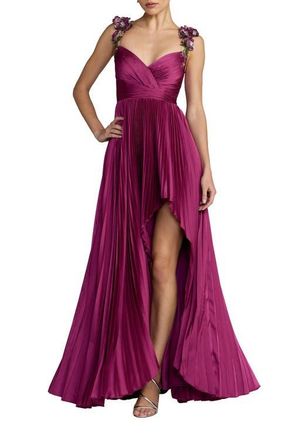 Mac Duggal Sleeveless Front Slit Charmeuse Beaded Detail Gown in Magenta at Nordstrom, Size 14