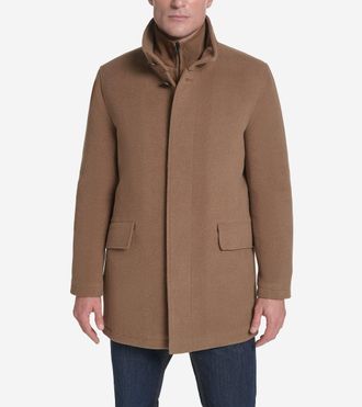 Cole Haan Mens Plush Wool Car Coat with Knit Bib - Brown Size Medium