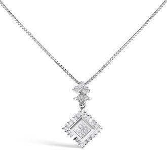 House of Brilliance 10K White Gold 1/2 Cttw Princess Cut Rhombus Drop Pendant Necklace