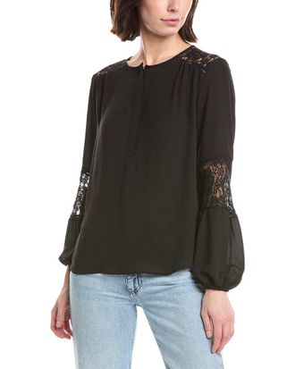 T Tahari Half Placket Lace Trim Blouse