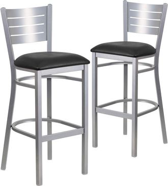 Flash Furniture 2 Pk. Silver Slat Back Metal Restaurant Barstool - Black Vinyl Seat