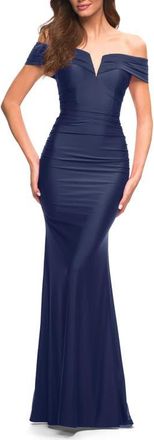 La Femme Ruched Off the Shoulder Gown with V Neckline in Navy at Nordstrom, Size 10
