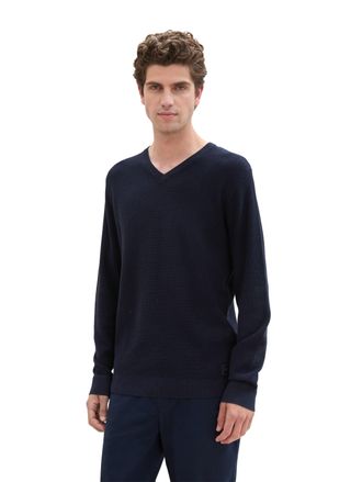 Tom Tailor Strickpullover TOM TAILOR, Herren, Gr. S, blau (knitted navy melange), Strick, Obermaterial: 100% Baumwolle, unifarben, regular fit normal, V-Ausschni