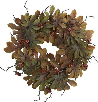 Nearly Natural 24In Fatsia With Berries Autumn Artificial Wreath