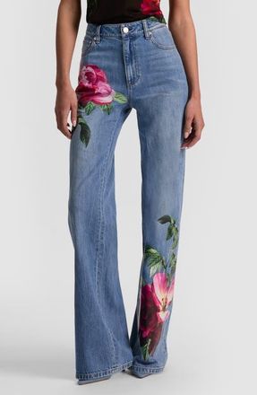 Alice & Olivia Chic Placed Floral Wide Leg Jeans in Denver Bright Blue Bloom at Nordstrom, Size 26