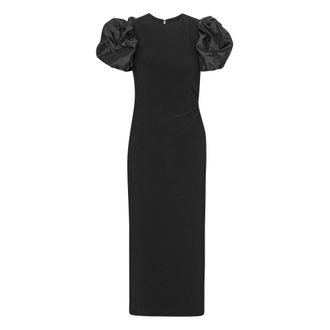 Rotate Gekreukte Midi Pofmouwe Jurk - Dames - Avondkleed - Zwart - S - Polyester - Kleedjes