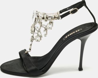 Le Silla Black Satin Crystal Embellish T-Strap Sandals