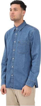Tommy Hilfiger Regular Fit Denim overhemd met vlag-borduring - Heren - Spijkeroverhemden - Blauw - 2XL - Denim - Overhemden