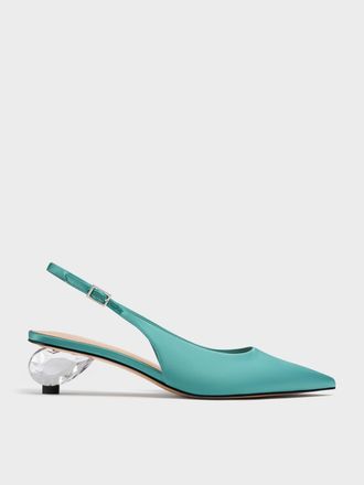 Charles & Keith Satin Pointed-Toe Crystal-Heel Slingback Pumps