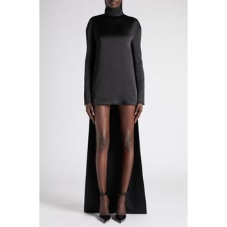Tom Ford Long Sleeve Satin Cocktail Dress with Train in Black at Nordstrom, Size 6 Us
