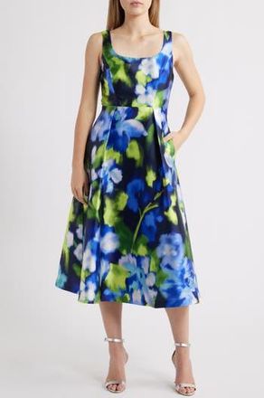 Julia Jordan Print Pleated Sleeveless Midi Dress in Navy Multi at Nordstrom Rack, Size 10