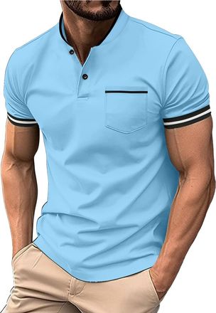 Generic Mens Polo Shirts with Pocket Summer Casual Short Sleeve Button down Solid Color Lapel Muscle Fit V Neck Linen Shirt Breathable Lightweight Classic Sty