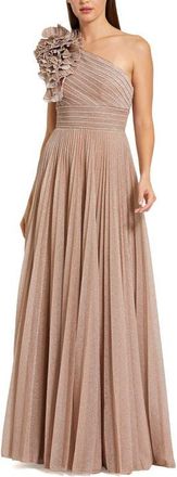 Mac Duggal Petite Pleated Metallic One Shoulder Gown With Ruffle in Champagne at Nordstrom, Size 8P