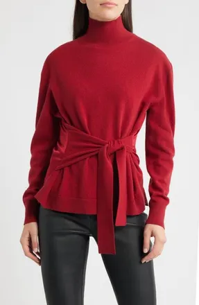 BOSS Falandia Tie Waist Mixed Media Turtleneck Wool & Cashmere Sweater in Deep Ruby at Nordstrom, Size Xx-Large