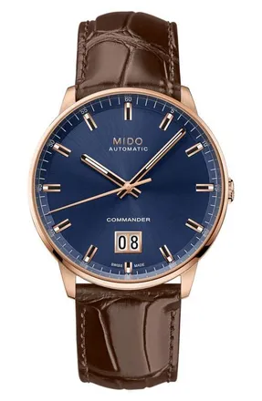 Mido Commander Big Date Automatic Croc Embossed Leather Strap Watch, 42mm in Brown at Nordstrom