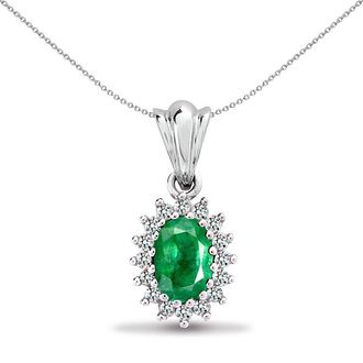 Jewelco London 9ct White Gold Diamond Green Emerald Royal Cluster Pendant - 9P068