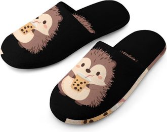 Generic Hedgehog Drinking Milk Tea Mens House Slippers Slip Indoor Slipper On Shoes Warm Outdoor