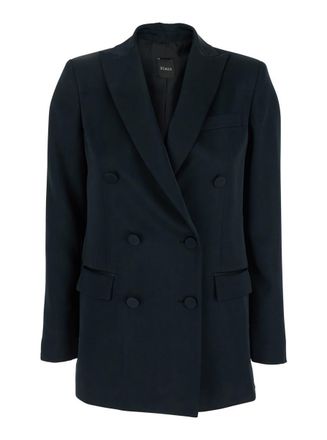 Plaîn Blue Double-Breasted Jacket With Peak Revers In Tech Fabric Woman