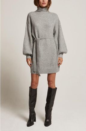Crescent Turtleneck Belted Mini Sweater Dress in Heather Grey at Nordstrom, Size X-Small