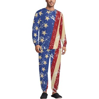 Generic Vintage United States Flag Soft Mens Pyjamas Set Loungewear Long Sleeve Round Neck Tops And Pants