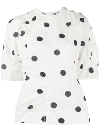 Ganni polka-dot gathered blouse - women - Recycled Polyester - 34 - White