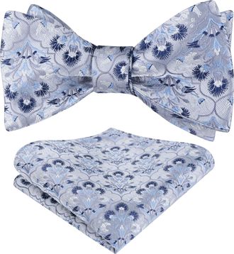 Alizeal Mens Floral Self Tied Bow Tie and Pocket Square for Wedding Party Business Tie Set, Silver+Navy+Light Blue