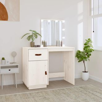 vidaXL Vidaxl - Mesa Tocador Con Led Madera Maciza Pino Blanco 95x50x133,5 Cm