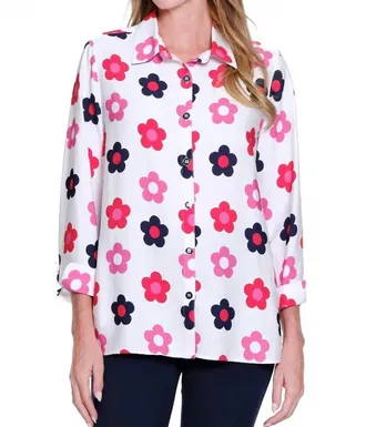 Multiples Turn-Up Cuff 3/4 Sleeve Button Front Shirt In Multi