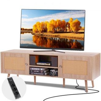 OEM Rattan-tv-st&auml;nder, Retro-tv-schrank F&uuml;r 165 Cm Fernseher, Boho-rattan-fernsehschrank Mit Eingebauter Steckdose & Usb-anschl&uuml;ssen, Verstellbare Regale 