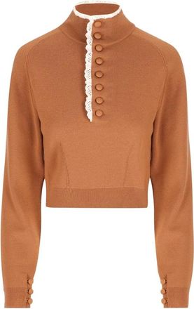 Chlo&eacute; Wol Gebreide & Kant Hoge Hals Trui - Dames - Coltruien - Bruin - S - Wol - Truien & Vesten