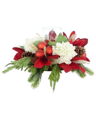 Creative Displays Inc. Handcrafted Holiday Candleholder With Hydrangeas, Magnolia Leaves, & Pinecones