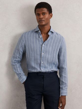 Reiss Airforce Blue & white Stripe Linen Long-sleeve Shirt Regular-fit, Xxl