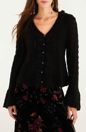 Farm Rio Pointelle Stitch Bell Sleeve Cardigan in Black at Nordstrom Rack, Size Medium