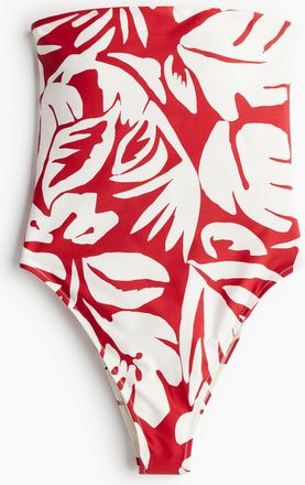 H&M Bandeau-Badeanzug mit wattierten Cups und High Leg - Rot/Gemustert