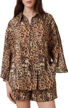 AllSaints Charli Leopard Print Linen & Silk Button-Up Shirt in Evia Golden Brown at Nordstrom Rack, Size 6 Us / 10 Uk