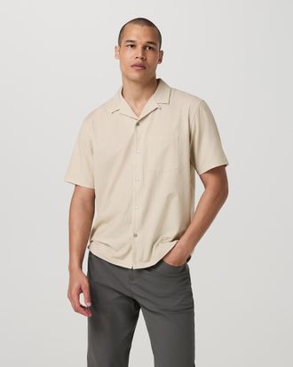 Vuori Clothing Short Sleeve Bridge Shirt - Camp Collar | Golden Brown Micro Stripe | Medium