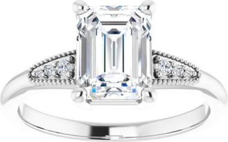Pompeii3 1 3/4Ct Diamond & Emerald Cut Moissanite Vintage Engagement Ring White Gold
