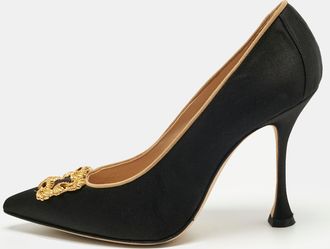 Manolo Blahnik Black Satin Hangisi Crystal Embellished Pumps