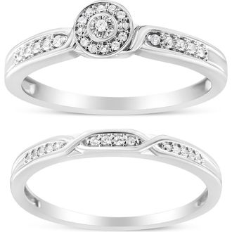 House of Brilliance Silver Diamond Accent Frame Twist Shank Bridal Set Ring and Band in White at Nordstrom, Size 12