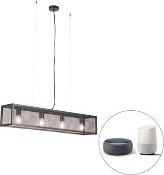 QAZQA Industrial L&aacute;mpara Colgante Inteligente Industrial Negra Con 4 Wifi A60 - Cage Wire Acero Alargada /rectangular Adecuado Para Led Max. 4 X 4.9 Watt - 