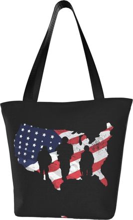 AOOEDM Patriotic Soldier American Flag Reusable Grocery Bag Shopping Bag Casual Shoulder Bag Handbag for Men Women ECO Market Bag Beach Bag Travel Totes