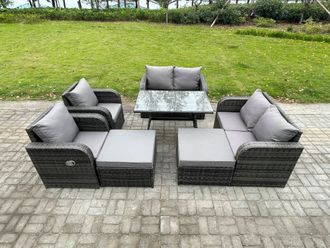 Fimous Outdoor Garden Furniture Sets 8 Seater Rattan Furniture Manual Wicker Patio Sofa Patio Conversation Set with 2 Big Footstool in Dark Grey