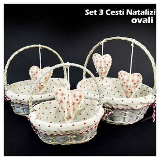 Trade Shop Trade Shop - Set 3 Cestini Natalizi Ovali In Vimini E Tessuto Diametro 39/34/29 Cm Grigio