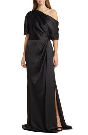 Amsale Gathered One-Shoulder Satin Gown in Black at Nordstrom, Size 4