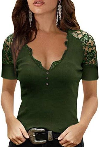 ORANDESIGNE Tee Shirt Femme Dentelle Col V Manches Courtes Haut