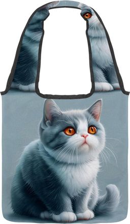 Generic Cat Pattern Reversible Canvas Shoulder Tote - Double-Sided Print, 12oz Cotton, 27cm Drop, Fold-Flat Bag for Travel, Shopping, Street Outings