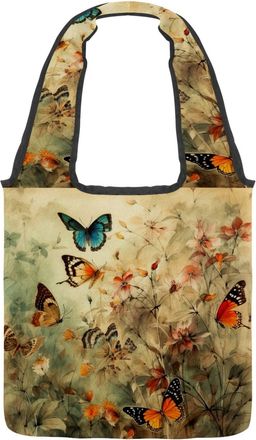 Generic Retro Butterflies Surrounding Flowers Reversible Canvas Shoulder Tote - Double-Sided Print, 12oz Cotton, 27cm Drop, Fold-Flat Bag for Travel, Shopping